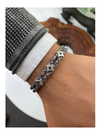 Erkek Zebra Model Zirkon Taşlı Üçlü Ninja Yıldızı Shuriken Çift Hakiki Deri Bileklik