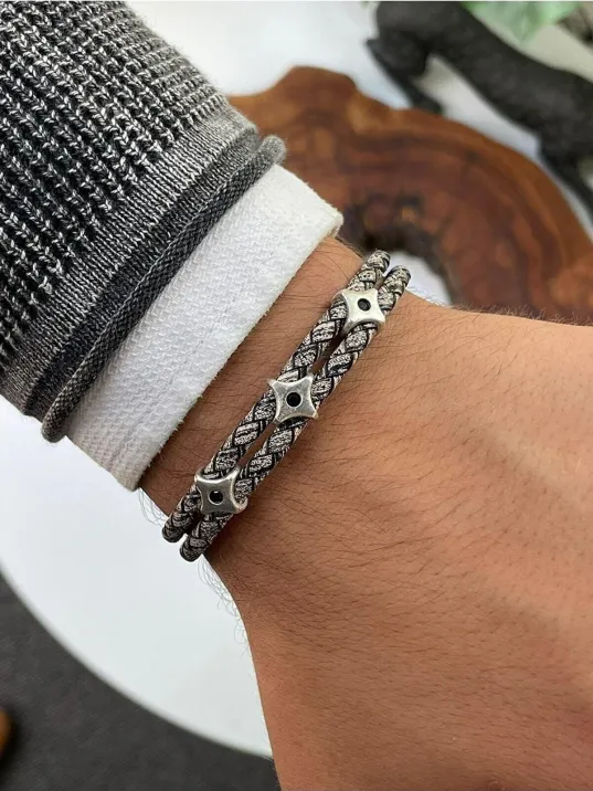 Erkek Zebra Model Zirkon Taşlı Üçlü Ninja Yıldızı Shuriken Çift Hakiki Deri Bileklik