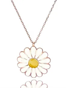 Papatya Modeli Beyaz Sarı Mineli Rose(Bakır rengi) Bayan Gümüş Kolye