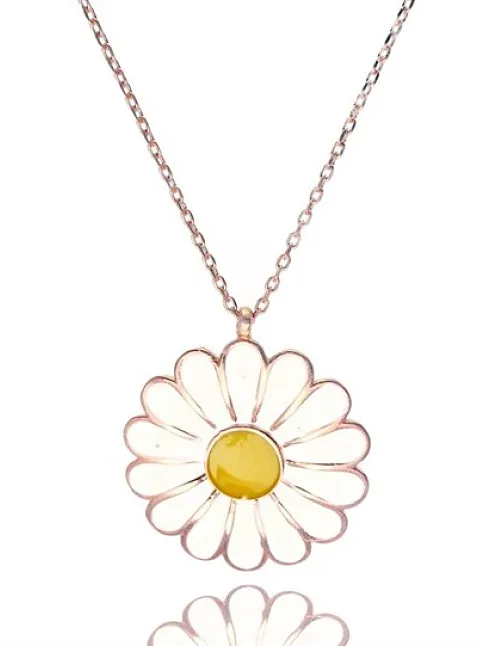 Papatya Modeli Beyaz Sarı Mineli Rose(Bakır rengi) Bayan Gümüş Kolye
