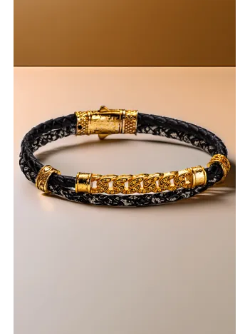 Altın Zincir Detaylı Siyah Deri Erkek Bileklik – Çift Örgü Tasarım