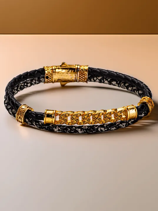 Altın Zincir Detaylı Siyah Deri Erkek Bileklik – Çift Örgü Tasarım