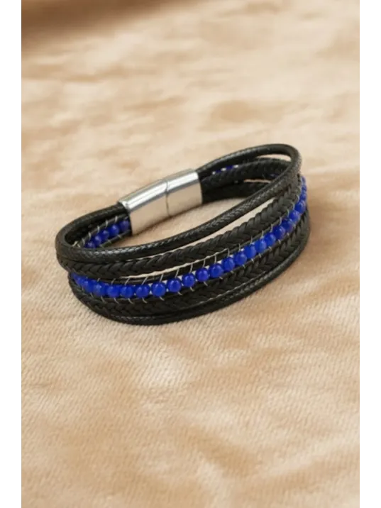 Mavi Faset Akik Doğal Taşlı Çoklu Deri Kordonlu Kadın Bileklik