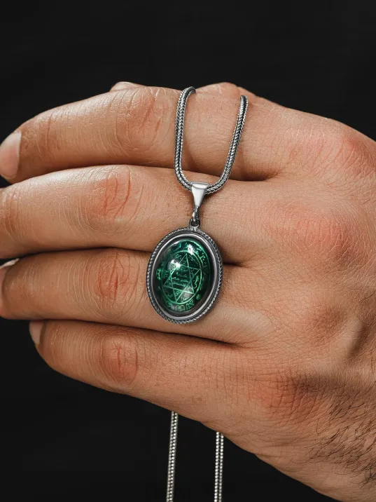 Erkek Gümüş Kolye - Yeşil Hz. Süleyman Mührü Erkek Gümüş Kolye