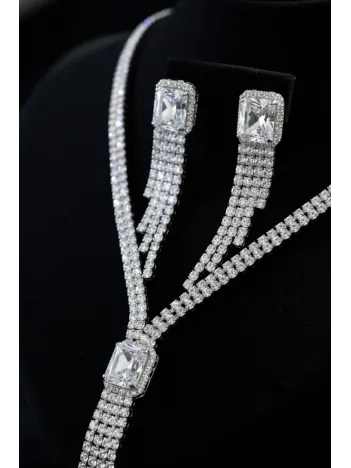 Kadın Bijuteri Kolye Küpe Set - Valeria Model Baget Ve Zirkon Taşlı Zarif Su Yolu Set