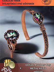 Kadın Bakır Bileklik Yüzük Set - Mistik Topaz Taş Mekik Ağaç Kabuğu Model İnce Metal Kutu Kuvars Taş