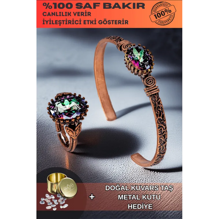 Kadın Bakır Bileklik Yüzük Set - Mistik Topaz Taş Mekik Ağaç Kabuğu Model İnce Metal Kutu Kuvars Taş Kadın Bakır Bileklik Yüzük Set - Mistik Topaz Taş Mekik Ağaç Kabuğu Model İnce Metal Kutu Kuvars Taş