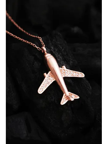 Uçak Figürlü Zirkon Taşlı Rose Kaplama Kadın Gümüş Kolye - Sevgililer Günü - Hediye
