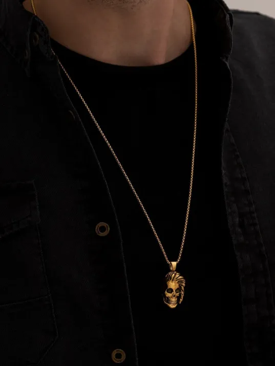 Erkek Kolye - Saçlı Kurukafa Model Erkek Çelik Kolye - 316 L Paslanmaz Çelik Kolye