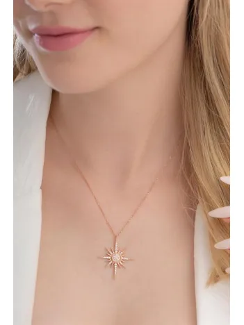 Zirkon Taşlı Rose Renk Kutup Yıldızı Model 2 Bayan Gümüş Kolye GKLKTPYLDZ4-ROS