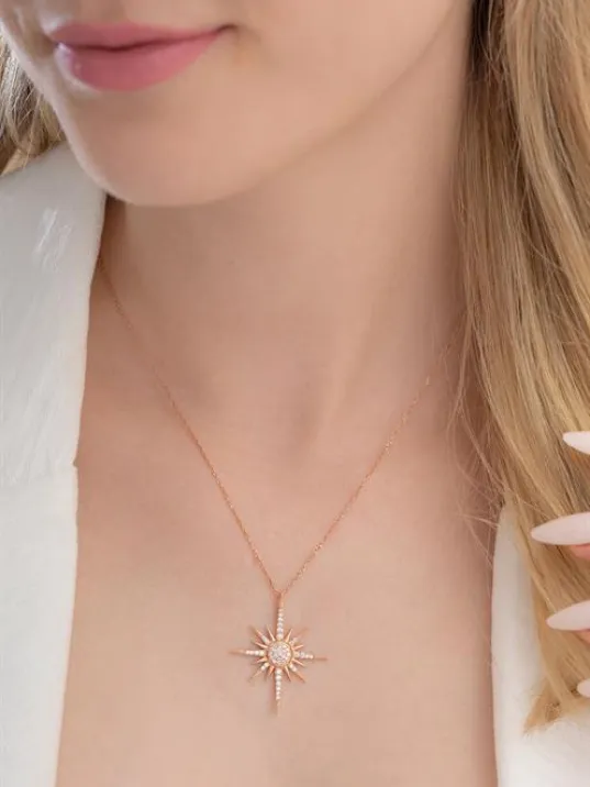 Zirkon Taşlı Rose Renk Kutup Yıldızı Model 2 Bayan Gümüş Kolye GKLKTPYLDZ4-ROS