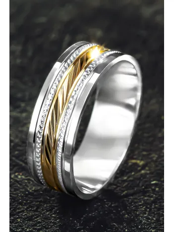 Erkek Gümüş Alyans - Altın Renk Geçişli İşlemeli Erkek Yüzük Erkek Gümüş Alyans - Altın Renk Geçişli İşlemeli Erkek Yüzük