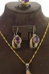 Kadın Gümüş Kolye Yüzük Küpe Set - Doğal Ametist Taşlı Altın Kaplama Gümüş Set