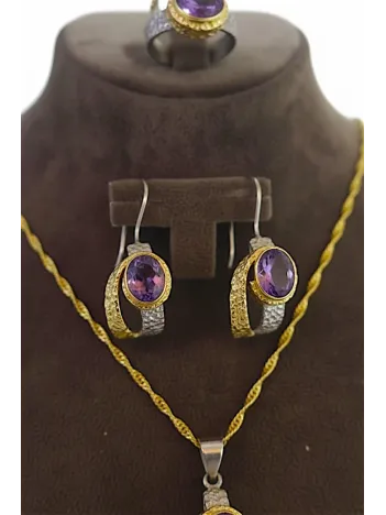 Kadın Gümüş Kolye Yüzük Küpe Set - Doğal Ametist Taşlı Altın Kaplama Gümüş Set Kadın Gümüş Kolye Yüzük Küpe Set - Doğal Ametist Taşlı Altın Kaplama Gümüş Set