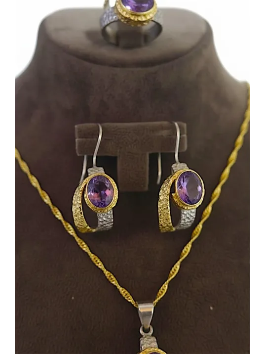 Kadın Gümüş Kolye Yüzük Küpe Set - Doğal Ametist Taşlı Altın Kaplama Gümüş Set