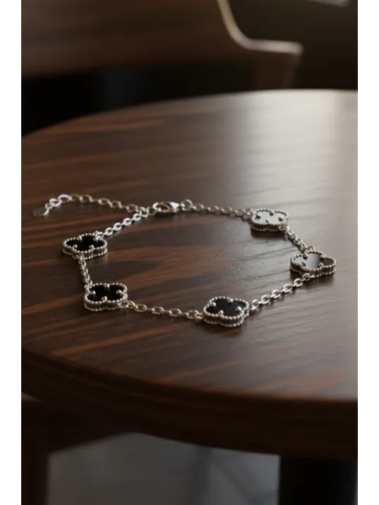 Kadın 925 Ayar Gümüş Siyah Doğal Oniks Taşlı Yonca Model Zincir Bileklik