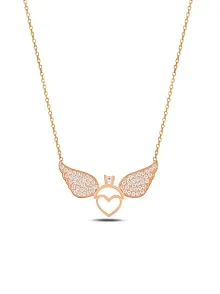 Zirkon Taşlı Rose Renk Kalpli Yüzük Model Kadın Gümüş Kolye GKLMLKKNDM2-ROS