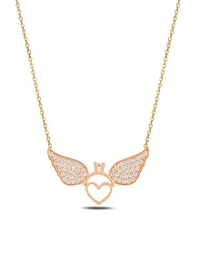 Zirkon Taşlı Rose Renk Kalpli Yüzük Model Kadın Gümüş Kolye GKLMLKKNDM2-ROS
