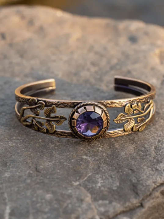 Mor Ametist Taşlı Antik Bakır Kadın Bileklik – Metal Kutu Ve Doğal Taşlar