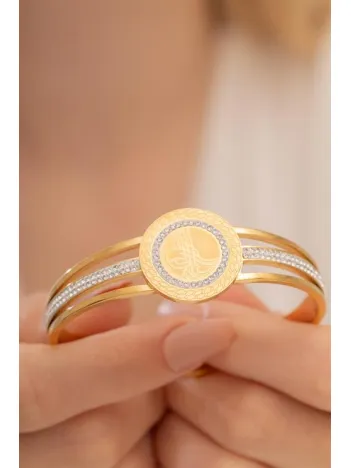 Kadın Bileklik-22 Ayar Gerçek Altın Kaplama(kararmaz) Çelik Kadın Kelepçe-Taşlı Tuğra İşlemeli