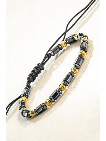 Kadın Erkek Gümüş Bileklik - Hematit Taşlı Gümüş Detaylı İnce Kibar Erkek Kadın Bileklik