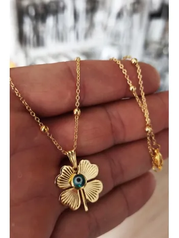 Gold Kaplama Altın Renk Top Zincir Nazar Boncuklu Yonca Bijuteri Kolye