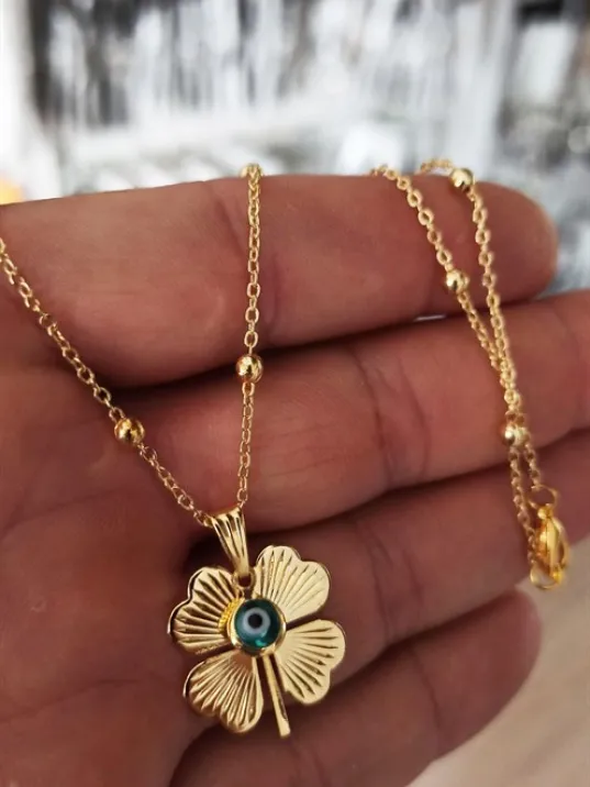 Gold Kaplama Altın Renk Top Zincir Nazar Boncuklu Yonca Bijuteri Kolye Gold Kaplama Altın Renk Top Zincir Nazar Boncuklu Yonca Bijuteri Kolye