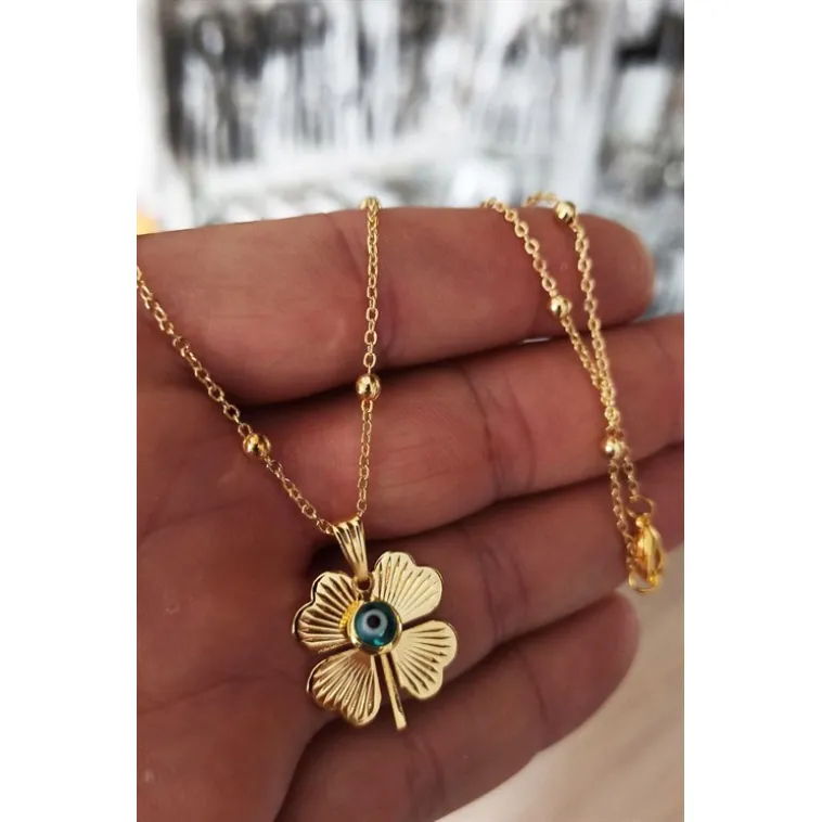 Gold Kaplama Altın Renk Top Zincir Nazar Boncuklu Yonca Bijuteri Kolye Gold Kaplama Altın Renk Top Zincir Nazar Boncuklu Yonca Bijuteri Kolye