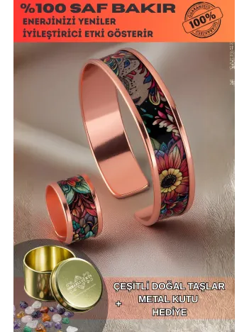 Kadın Bakır Bileklik Yüzük Set - Ahri Model Özel Baskı Metal Kutu Ve Doğal Taşlar