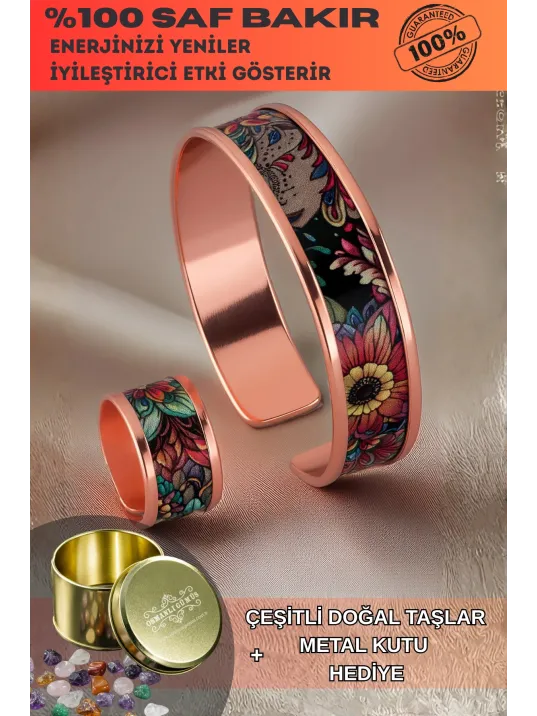 Kadın Bakır Bileklik Yüzük Set - Ahri Model Özel Baskı Metal Kutu Ve Doğal Taşlar Kadın Bakır Bileklik Yüzük Set - Ahri Model Özel Baskı Metal Kutu Ve Doğal Taşlar