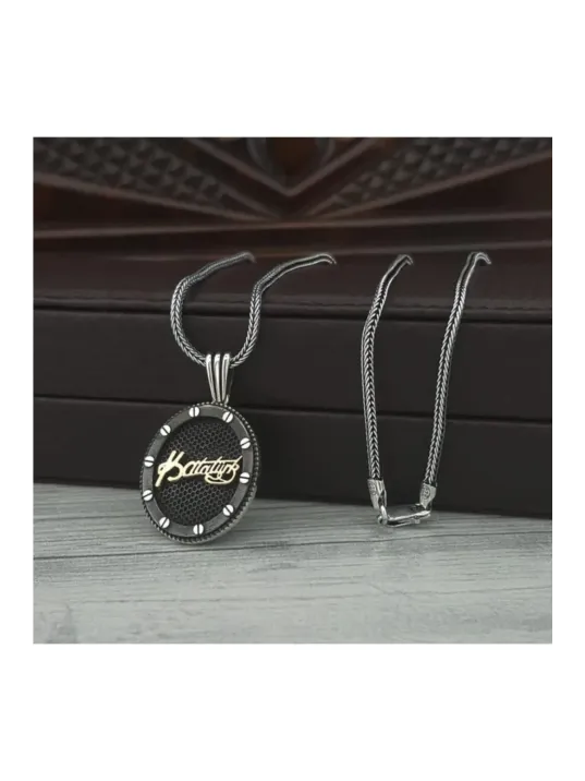 Kemal Atatürk Oval Model Gümüş Erkek Kolye