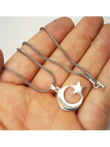 Parlak Ay Yıldız Gümüş Kolye Zincir