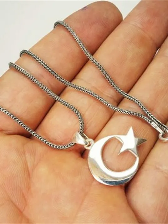 Parlak Ay Yıldız Gümüş Kolye Zincir