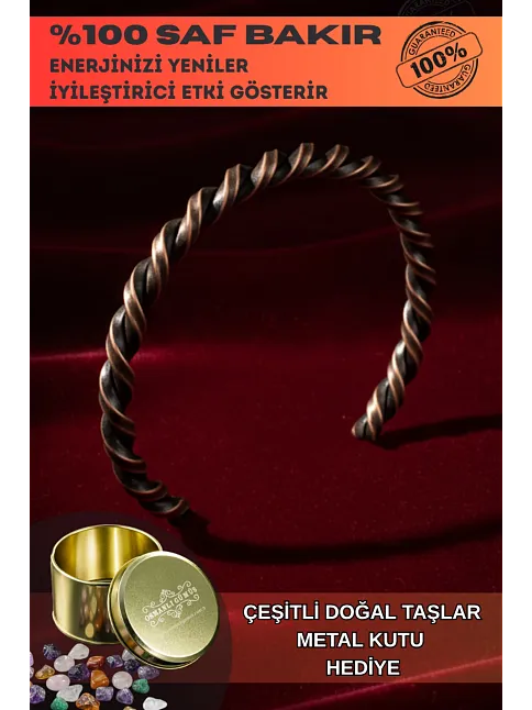 Tork Model %100 Saf Bakır Erkek Kadın Bileklik – Metal Kutu ve Doğal Taşlar