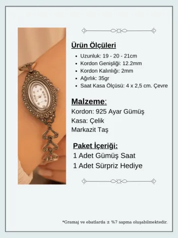 Kadın Gümüş Saat - Gelin Saati - Retro Tasarım 925 Ayar Gümüş Kadın Saat Elips Model