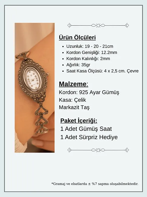 Kadın Gümüş Saat - Gelin Saati - Retro Tasarım 925 Ayar Gümüş Kadın Saat Elips Model