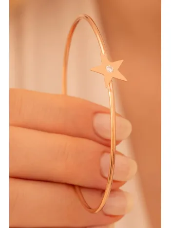 Kadın Gümüş Bileklik - El Yapımı Rose Kaplama Gümüş Zirkon Taşlı Yıldız Motifli Kadın Bileklik