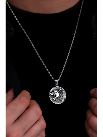 Erkek Gümüş Kolye - Pars Figürlü Yuvarlak Model Gümüş Erkek Kolye