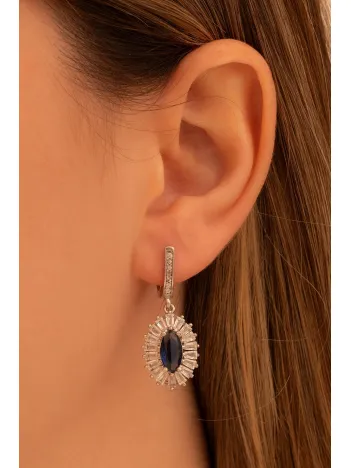 Kadın Gümüş Küpe - Damla Model Safir Taşlı Baget Süslemeli Rodyumlu Kadın Küpe