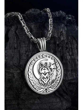 Erkek Gümüş Kolye - Bozkurt Ay Yıldız İşlemeli Kral Zincirli Erkek Kolye