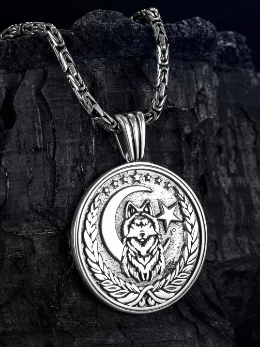 Erkek Gümüş Kolye - Bozkurt Ay Yıldız İşlemeli Kral Zincirli Erkek Kolye Erkek Gümüş Kolye - Bozkurt Ay Yıldız İşlemeli Kral Zincirli Erkek Kolye