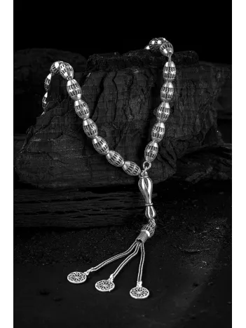 Erkek Tesbih - Vecize Oksitli 925 Ayar Gümüş Erkek Tespih Orta Boy 36gr