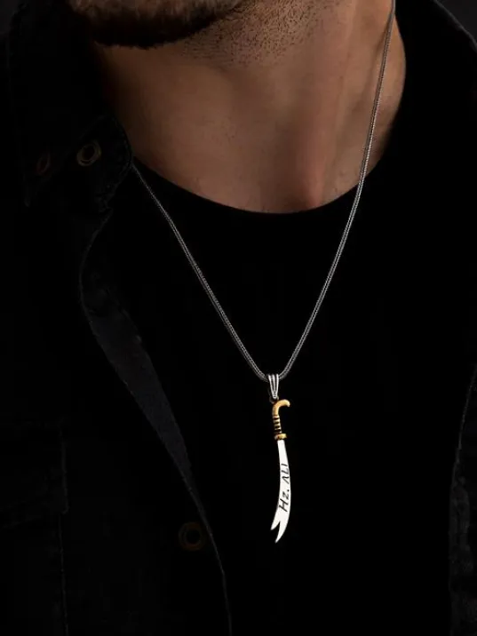 Erkek Gümüş Kolye - Tilki Kuyruğu Zincirli Hz.ali Yazılı Zülfikar Kılıcı Motifli Erkek Kolye