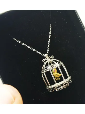 Özel Tasarım Kuş Kafesi Bayan Gümüş Kolye