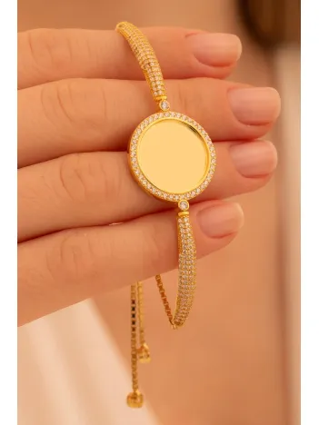 Kadın Gümüş Bileklik - Altın Kaplama İsim Yazılabilir Yuvarlak Plaka Asansörlü Kadın Bileklik