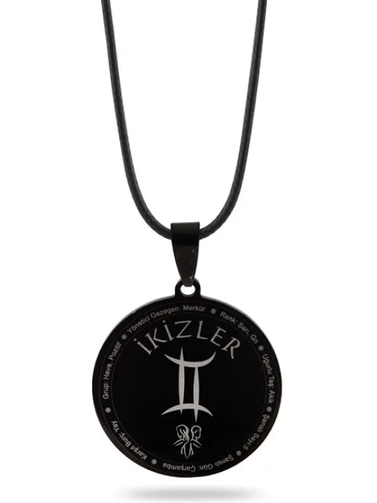 İkizler Burcu Kolyesi Bayan Erkek Çelik Deri Kolye CKLIKIZLERB-SYH