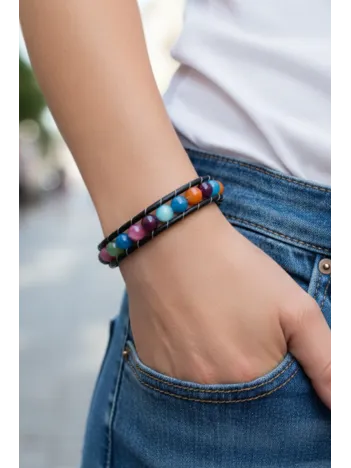 Kadın Doğaltaş Bileklik - Doğal Taşlı Çakra Deri Örgü Kordon Kadın Bileklik