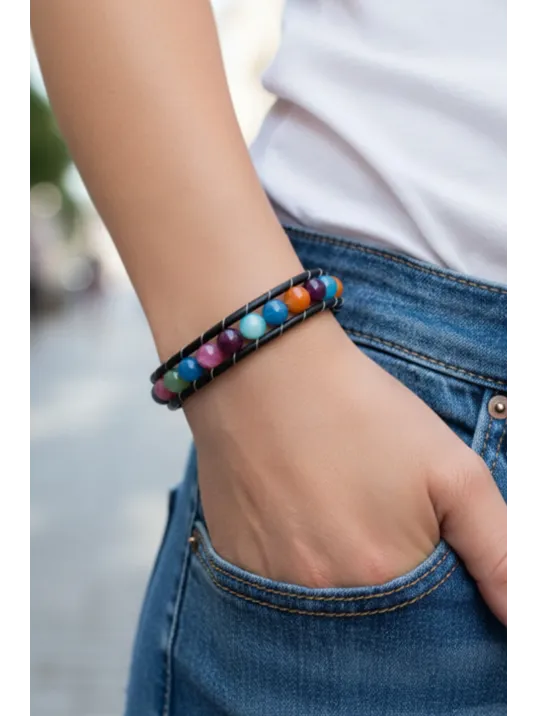 Kadın Doğaltaş Bileklik - Doğal Taşlı Çakra Deri Örgü Kordon Kadın Bileklik