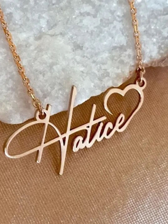 Kişiye Özel Kalp İmza İsim Yazılan Rose Renk Bayan Gümüş Kolye Zincir GKLROSISIMK