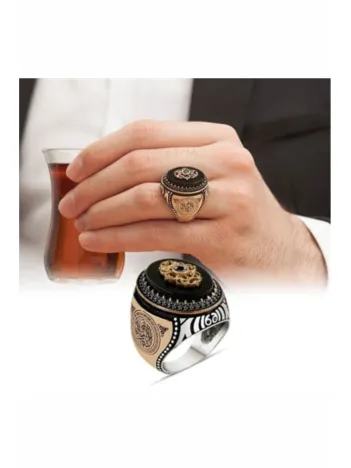 Erkek Gümüş Yüzük - Kelime-i Tevhid ve Çiçek Motifli Oniks Taşlı 925 Ayar Gümüş Erkek Yüzük